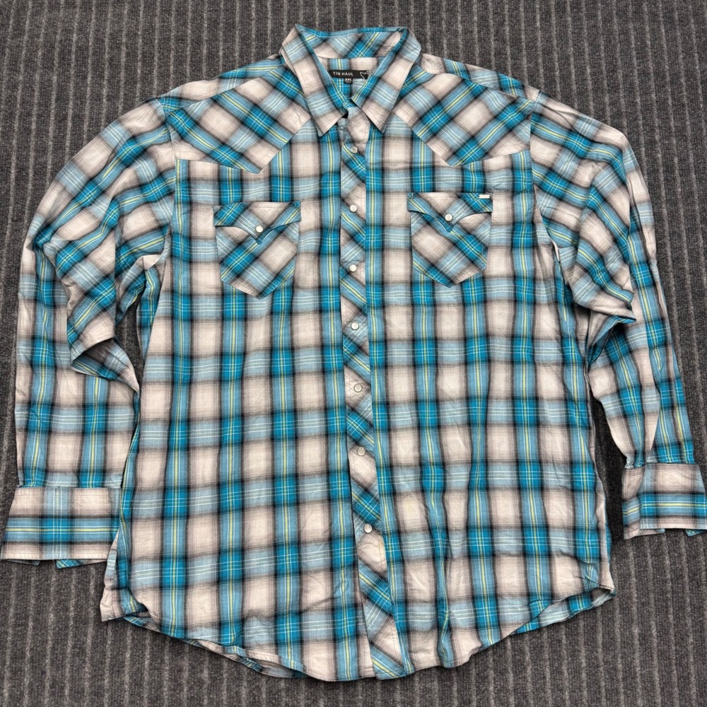 Tin Haul Mens Western Pearl Snap Shirt 3XL Blue Plaid Cotton Cowboy Long Sleeve
